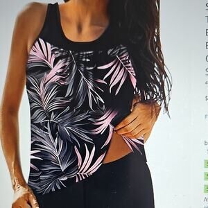 Yraetenm SwimSuit Tankini & Boyshort Floral Blouson Tummy Control Black/Pink XL